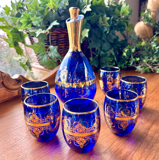 Stunning Murano Glass, Italian Cobalt Blue & Gold Wine Decanter 7 Pc Set, Venezia