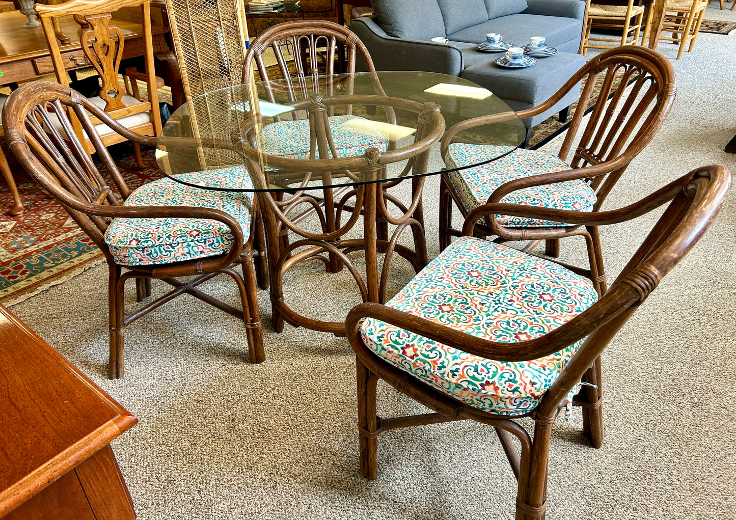 Rattan Dining Table with Glass Top and Four Chairs, 42" Square