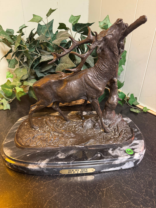 Bronze & Marble Statue "Elk By Tree" By: P.J. MENE