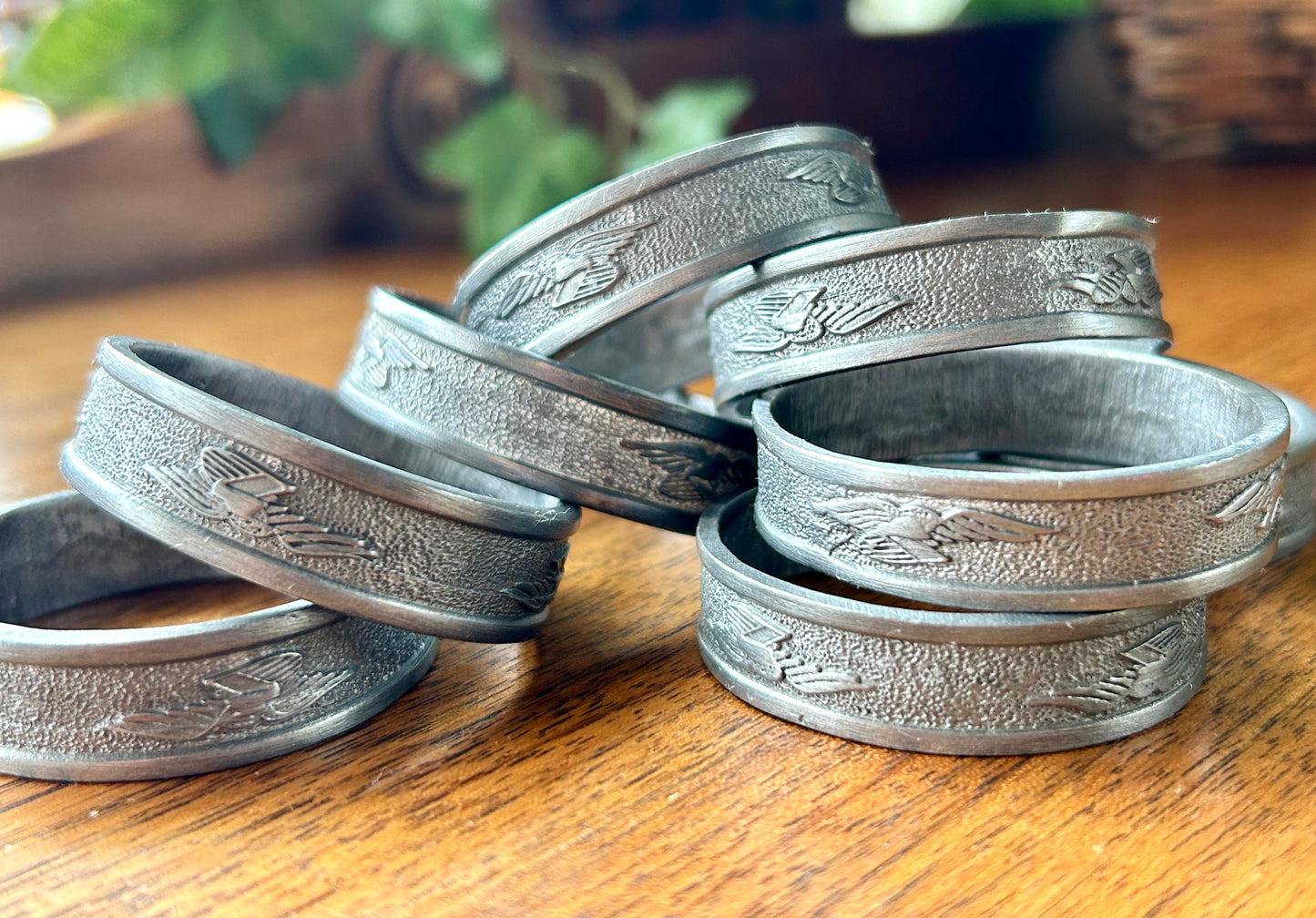 Set of 8 Vintage Pewter Napkin Rings, The Great Shield, United States of America