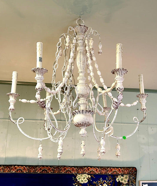 Chandelier, Shabby Chic Wood and Iron Six-Light, Scrolled-Arm Chandelier, 28"