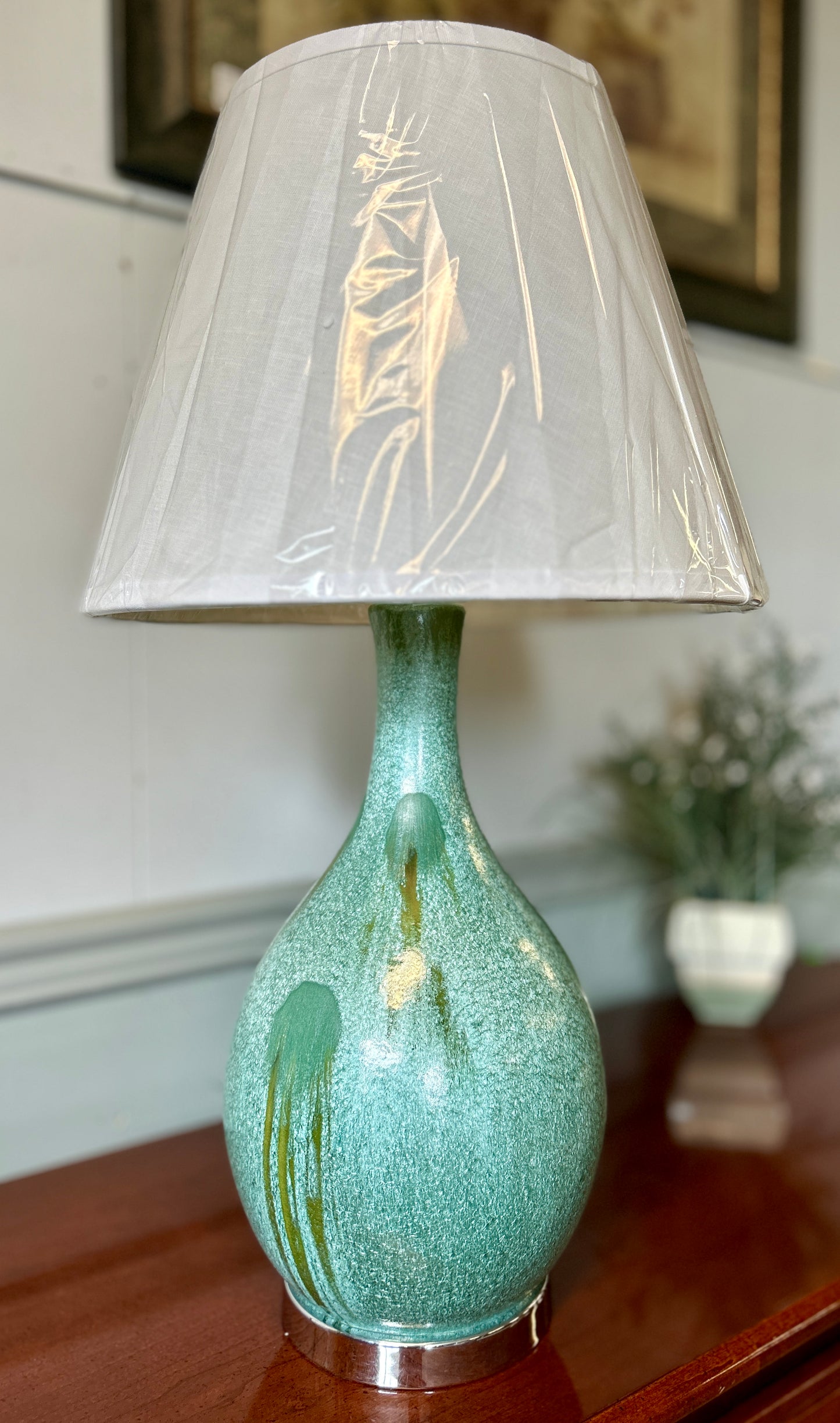 Turquoise, Hand-Glazed Pottery Style Lamp, 30" Tall