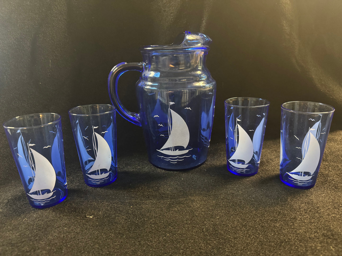 Blue Sailboat Pitcher & Four Glasses Set