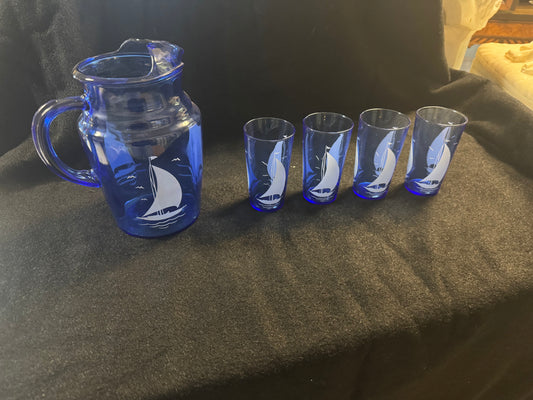 Blue Sailboat Pitcher & Four Glasses Set