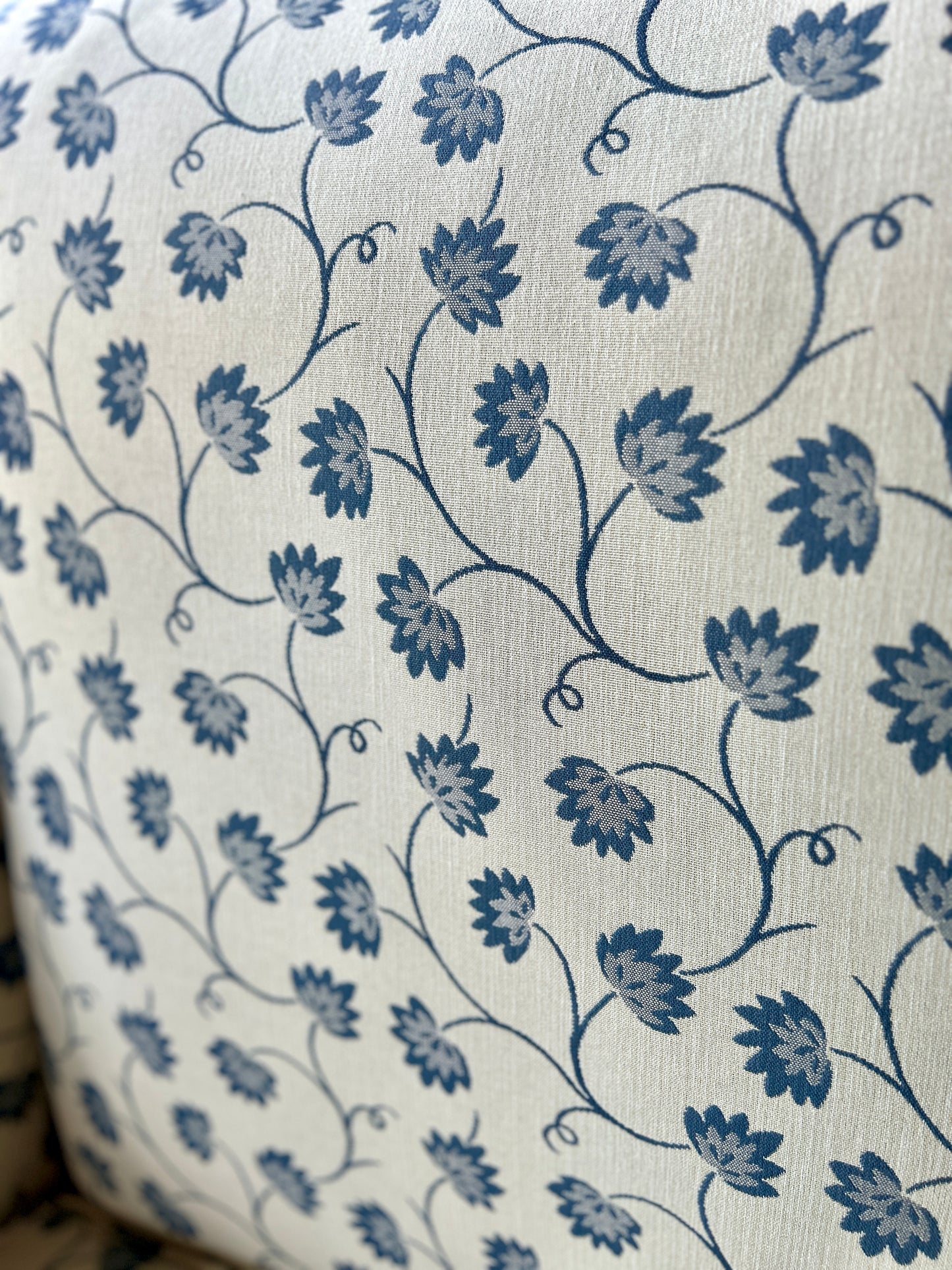 Beautiful Occasional Chair, Ivory and Blue Thistle Flower Upholstery