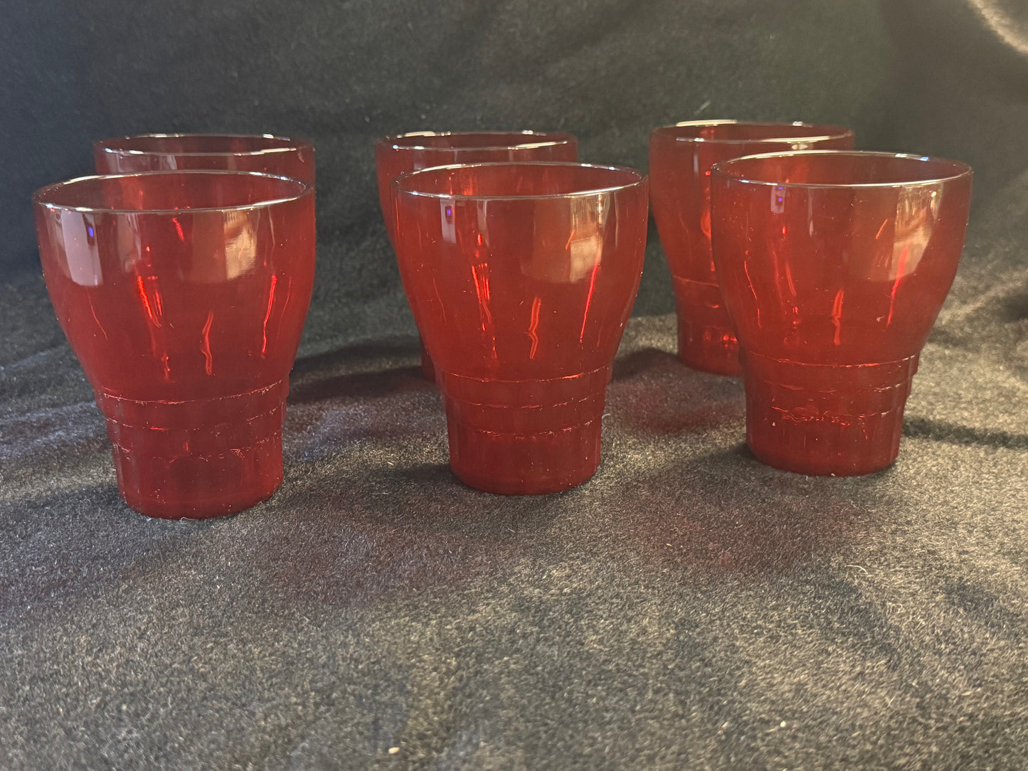 Vintage Red Glass Pitcher With Six Glasses & Two Bowls