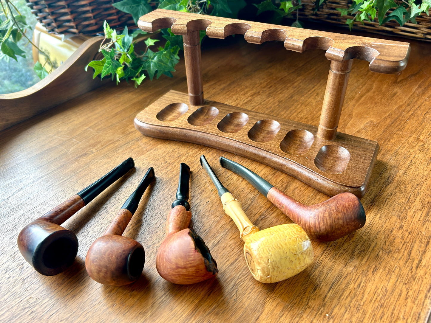 Beautiful, Vintage Pipe Collection w Walnut Decatur Pipe Stand, Walnut, Briar, Meerschaum, Made in England, US, Israel