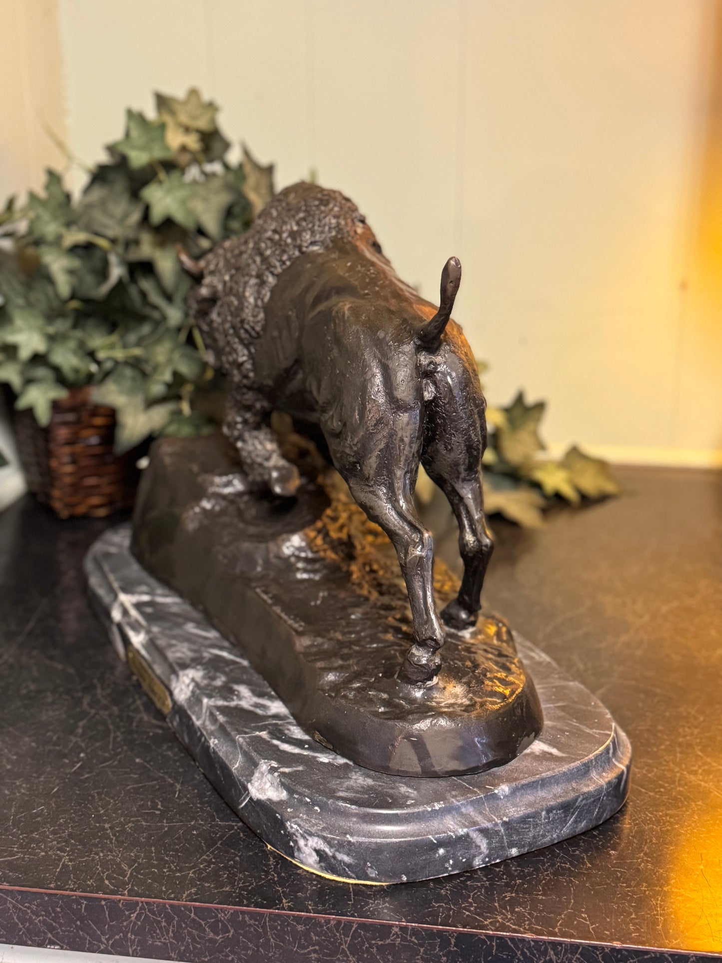 Bronze Sculpture With Marble Base Titled "Buffalo" By Frederic Remington