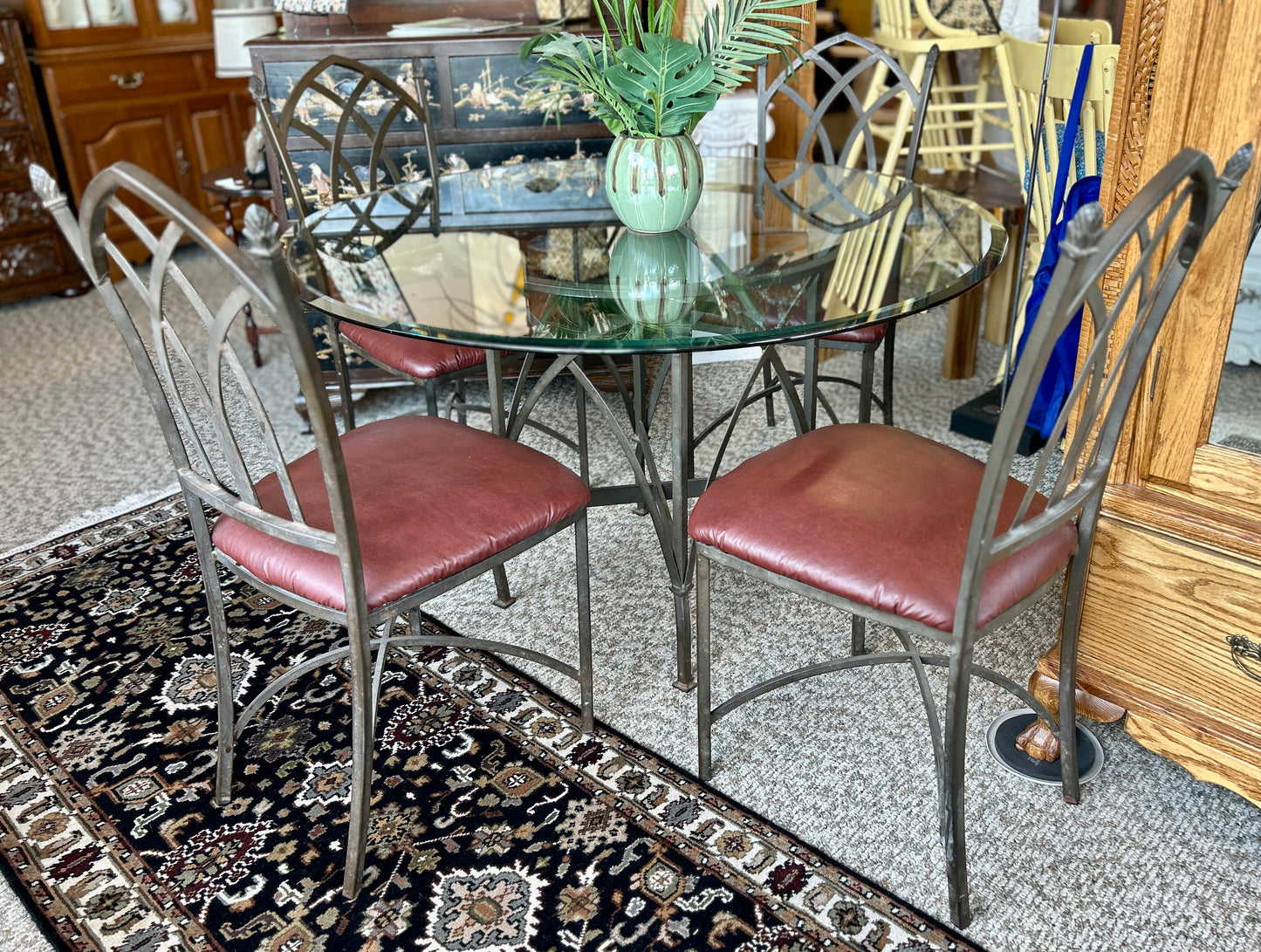 Wrought Iron Dining Set w Beveled Glass Top and Four Upholstered Chairs, 48" Diameter Table