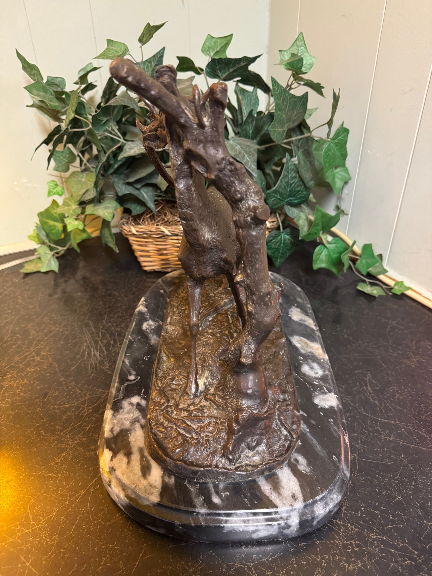 Bronze & Marble Statue "Elk By Tree" By: P.J. MENE