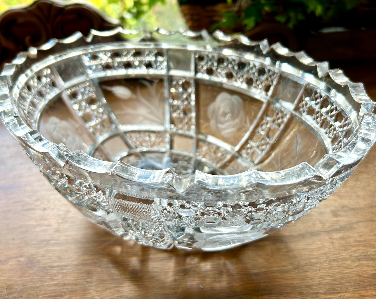 Large, Brilliant Cut Glass Bowl, Oval, 11.25" with Bright, Diamond Point and Fluted Detail