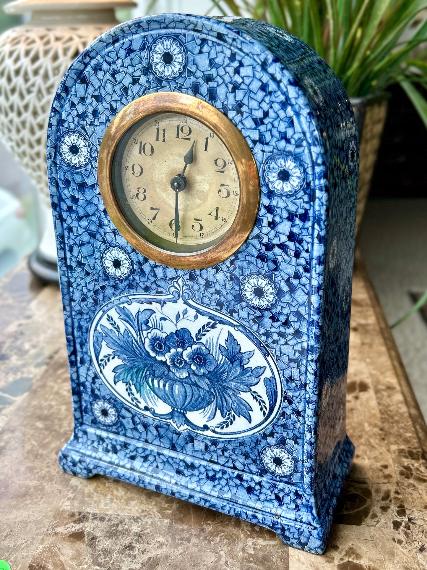 Rare Delft Ceramic Mantel Clock, Flamand Blue Transferware, Netherlands, Working