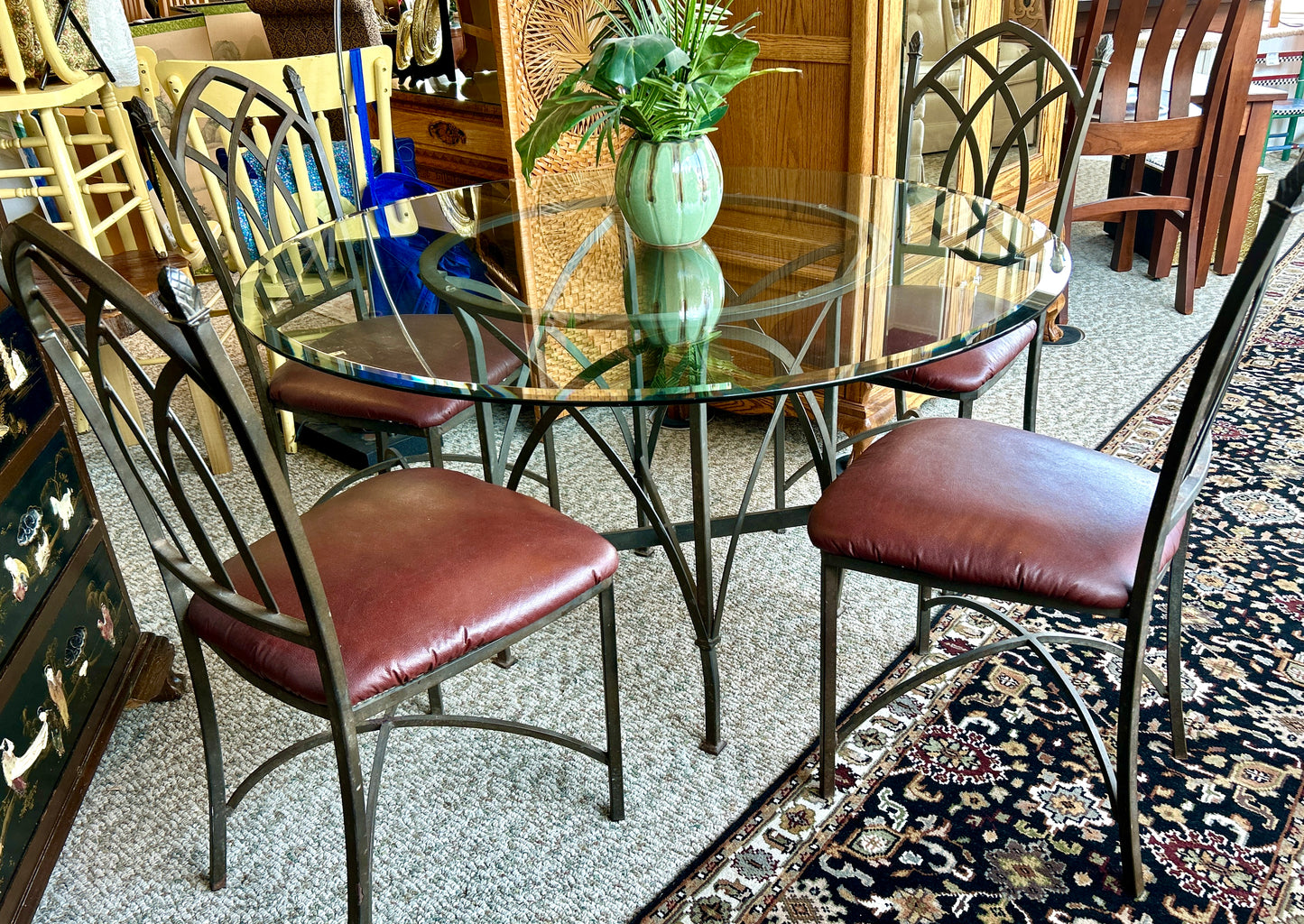 Wrought Iron Dining Set w Beveled Glass Top and Four Upholstered Chairs, 48" Diameter Table