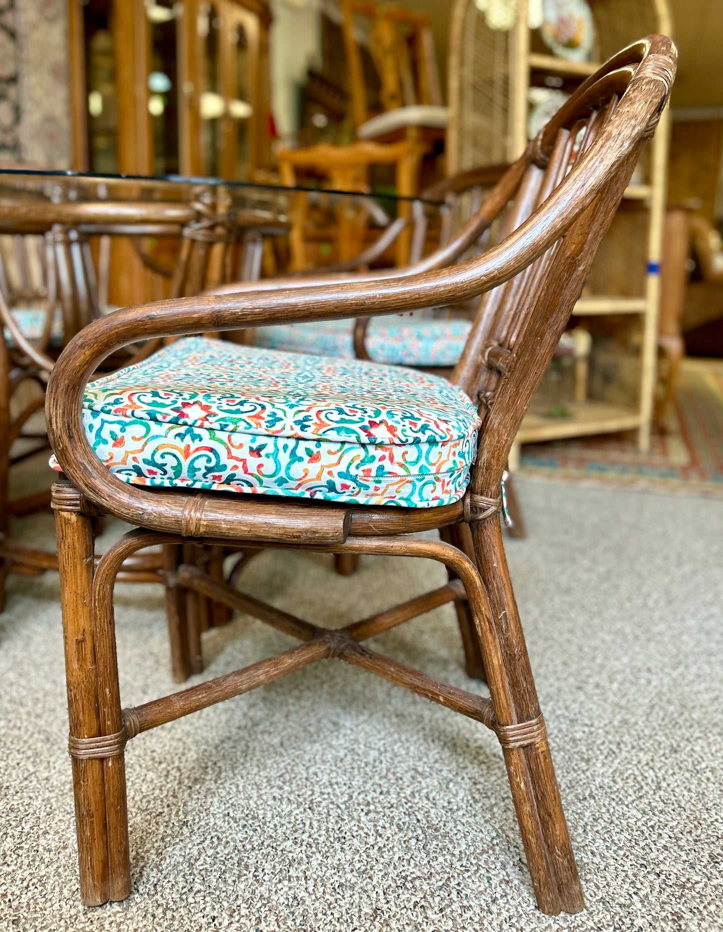 Rattan Dining Table with Glass Top and Four Chairs, 42" Square