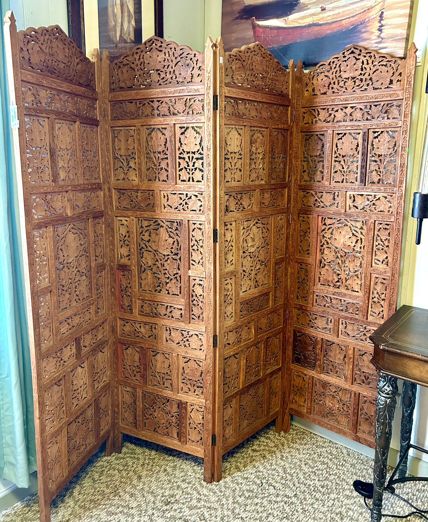 Four-Panel Indian Hand Carved Wooden Screen, 72" H x 80" Wide