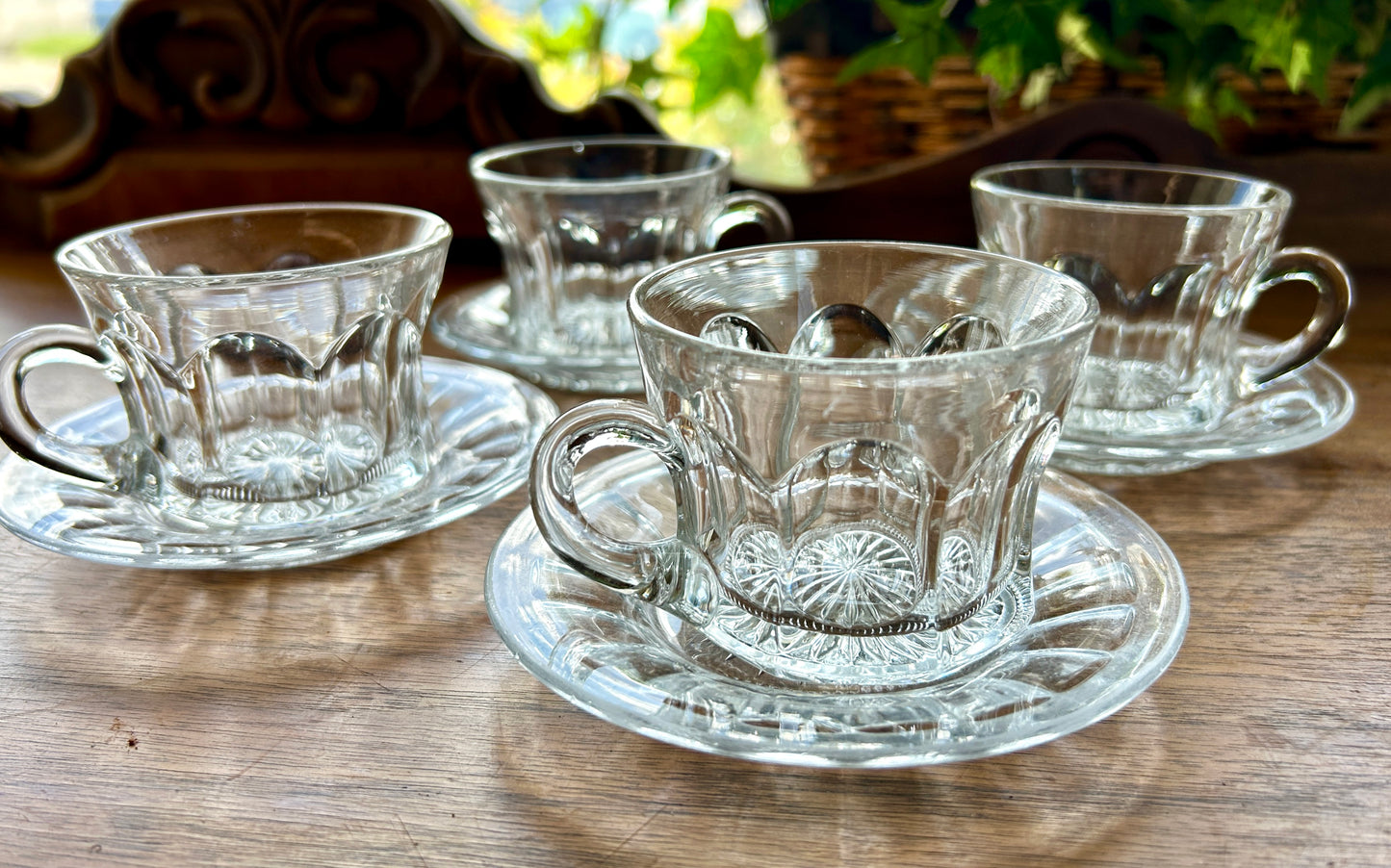 Set Of Four Beautiful Heisey Glass Cups And Saucers, with Diamond H logo, Star Cut