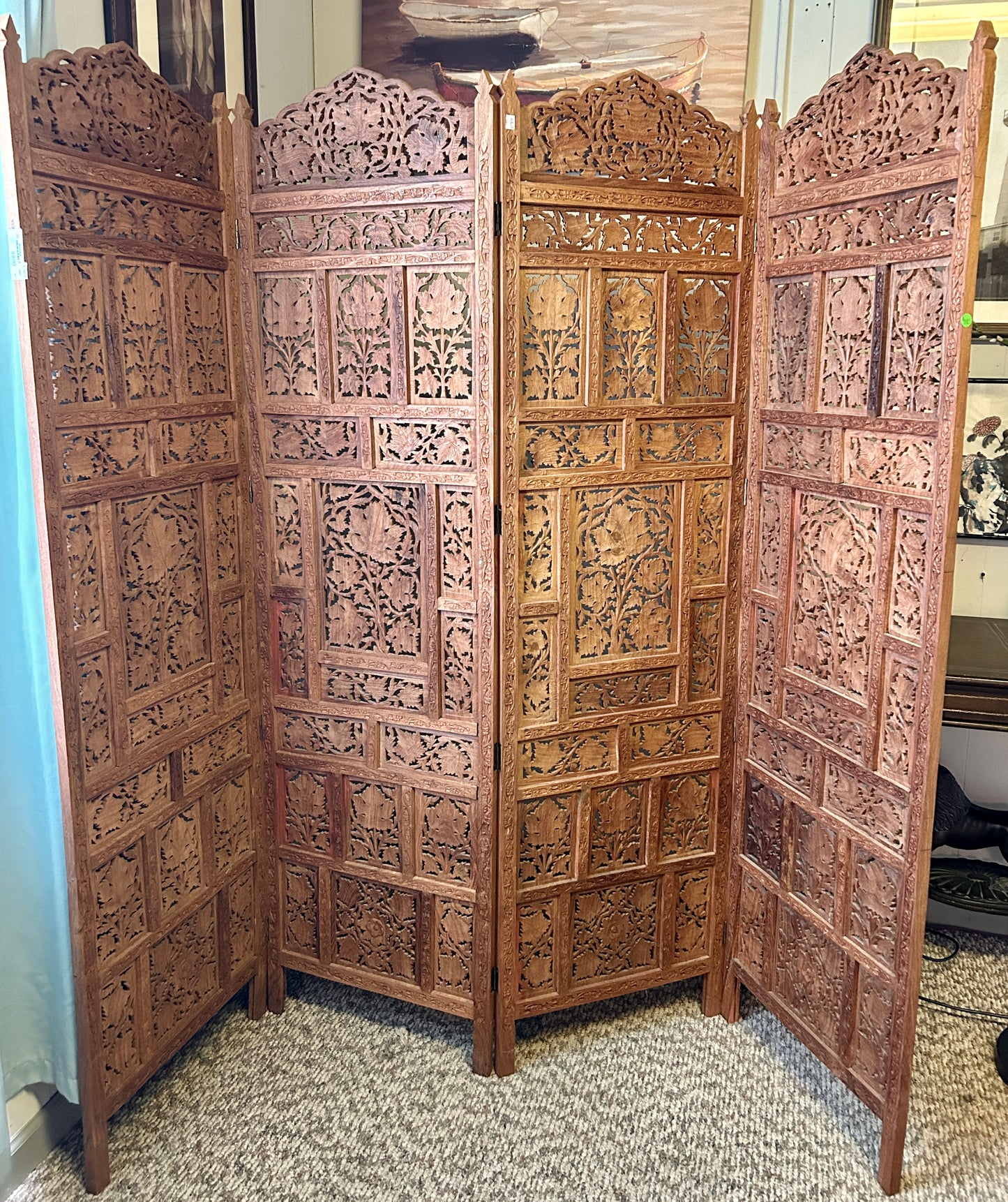 Four-Panel Indian Hand Carved Wooden Screen, 72" H x 80" Wide