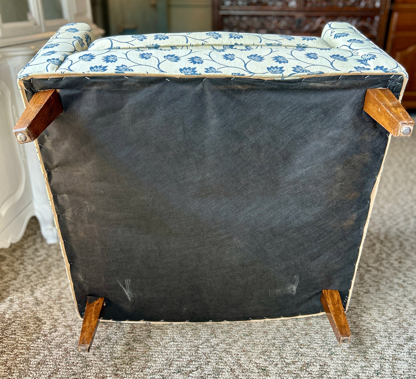 Beautiful Occasional Chair, Ivory and Blue Thistle Flower Upholstery