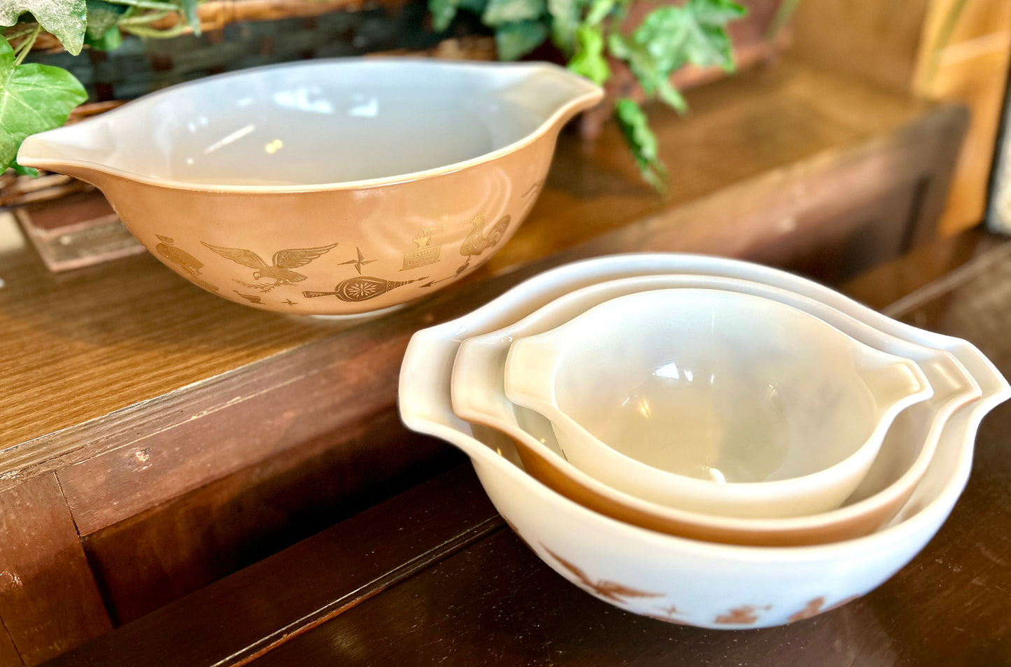 Vintage 1960's Four Piece Pyrex Americana Mixing Bowl Set, Brown & White