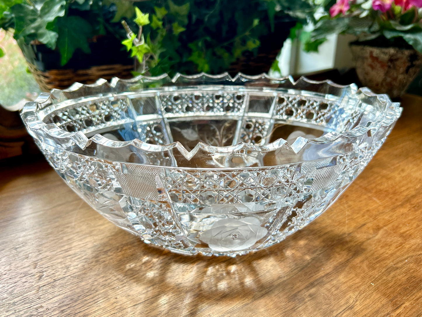 Large, Brilliant Cut Glass Bowl, Oval, 11.25" with Bright, Diamond Point and Fluted Detail