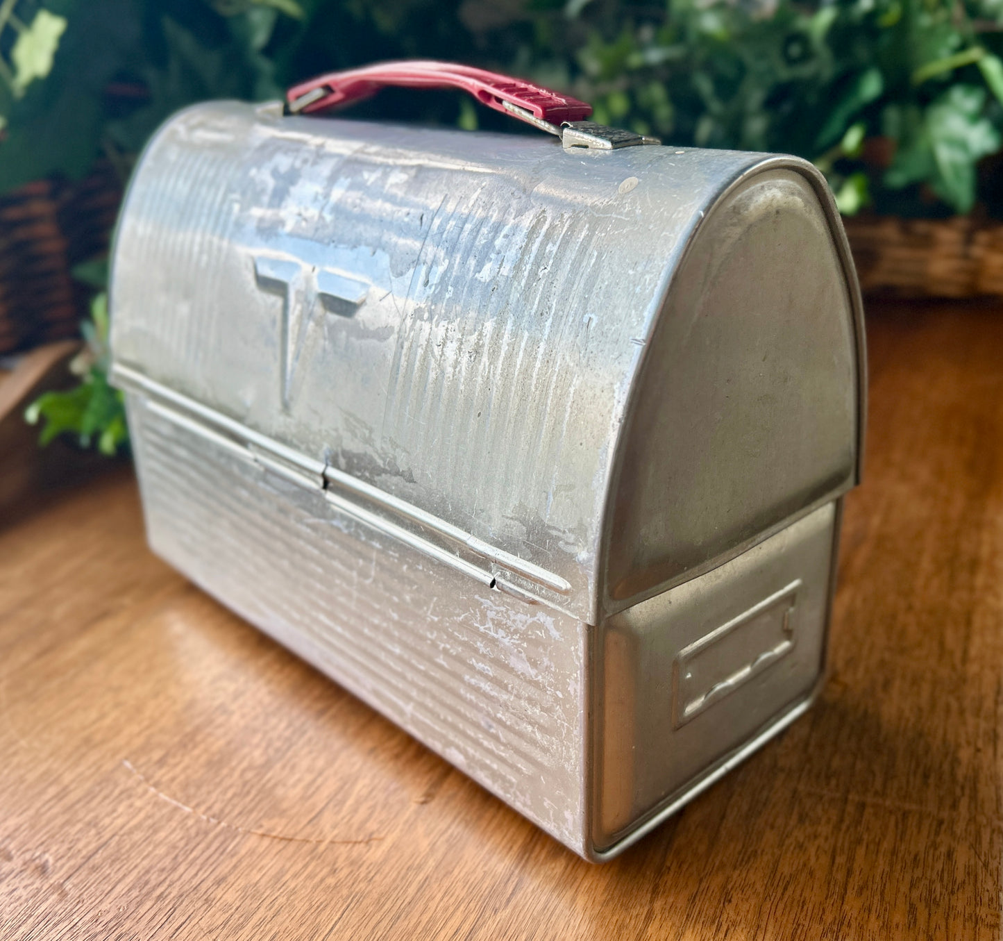 Cool, 1940s Thermos Lunch Box, Aluminum Metal w Swing Handle and Locking Hinges