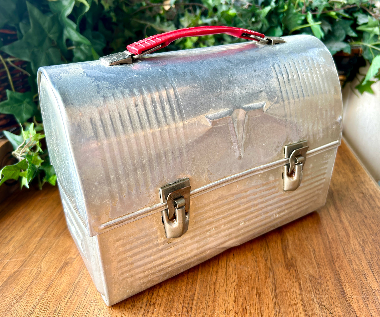 Cool, 1940s Thermos Lunch Box, Aluminum Metal w Swing Handle and Locking Hinges