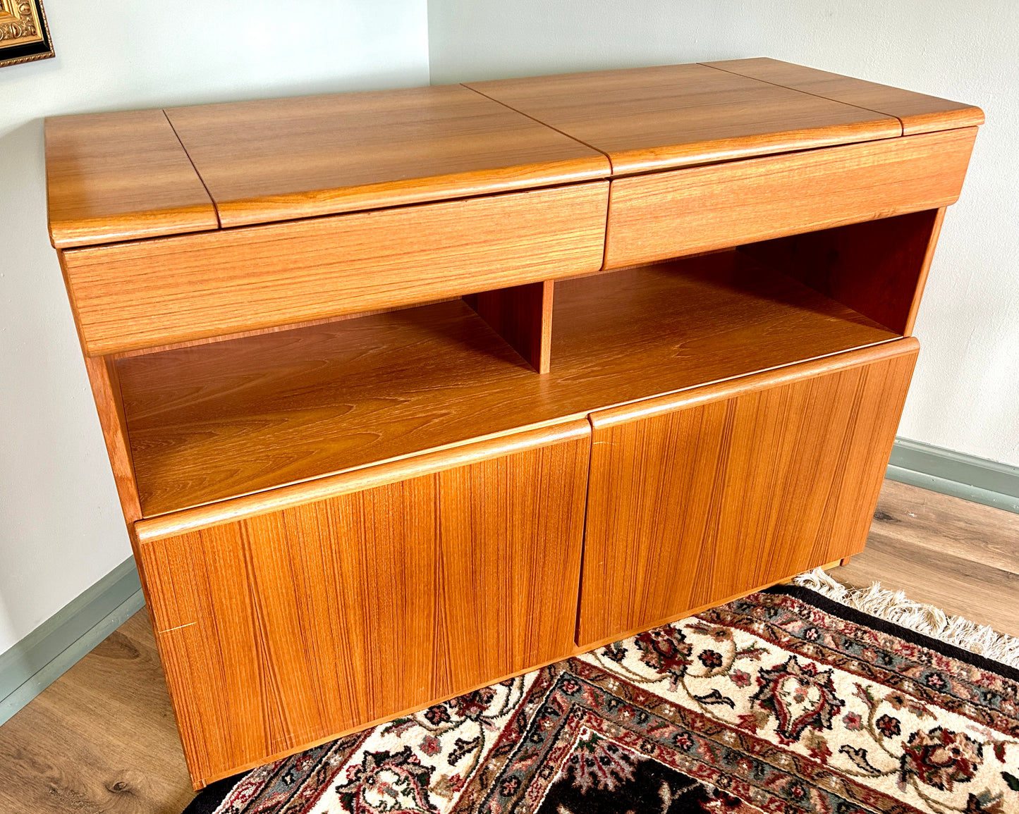 Teak Dry Bar, Vintage Danish Mid-Century Modern, with Flip Top, 47" Wide