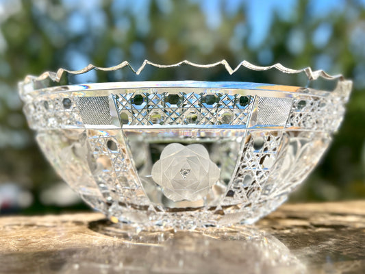 Large, Brilliant Cut Glass Bowl, Oval, 11.25" with Bright, Diamond Point and Fluted Detail