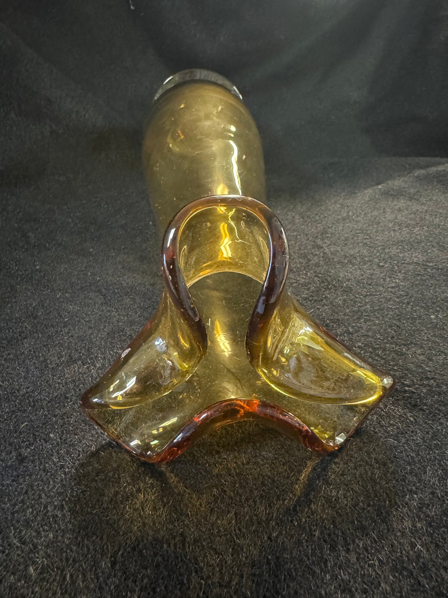 Tall Hand Blown Scallop Edged Amber Glass Vase