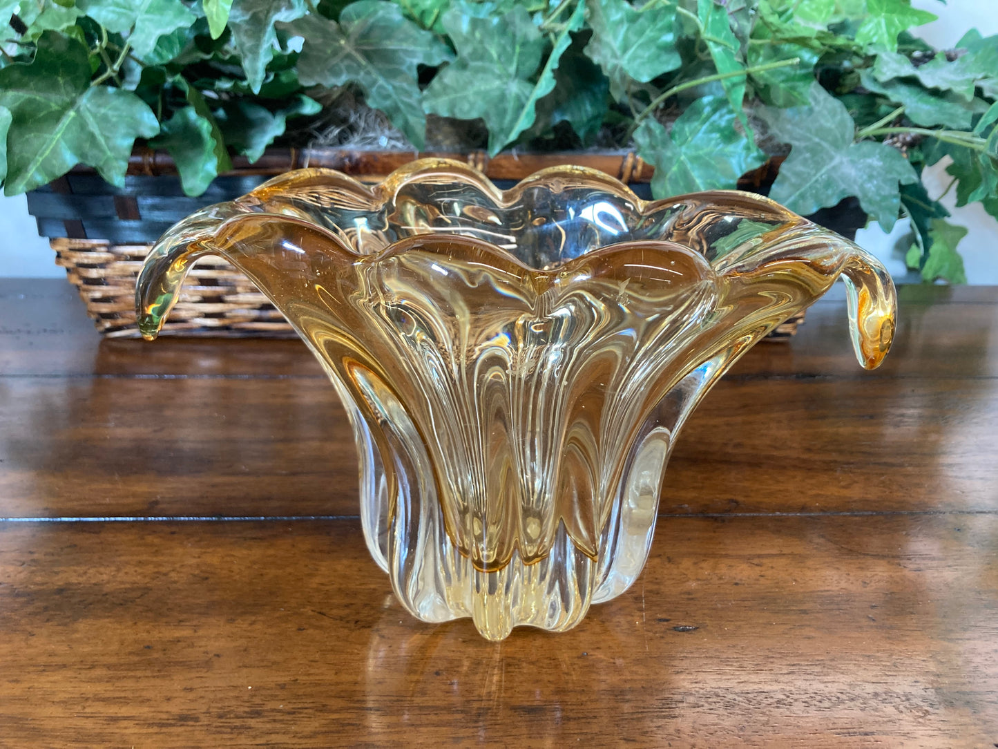 Hand Blown Amber Glass Bowl With Wing Tips