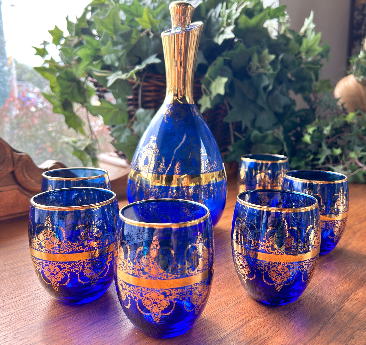 Stunning Murano Glass, Italian Cobalt Blue & Gold Wine Decanter 7 Pc Set, Venezia