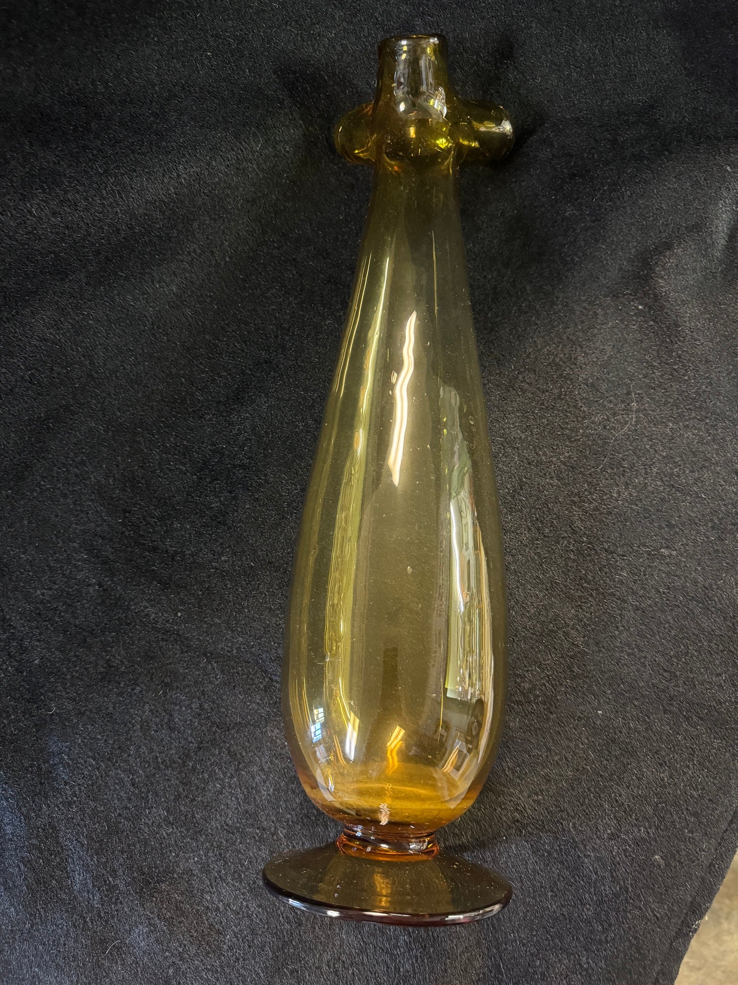 Tall Hand Blown Scallop Edged Amber Glass Vase