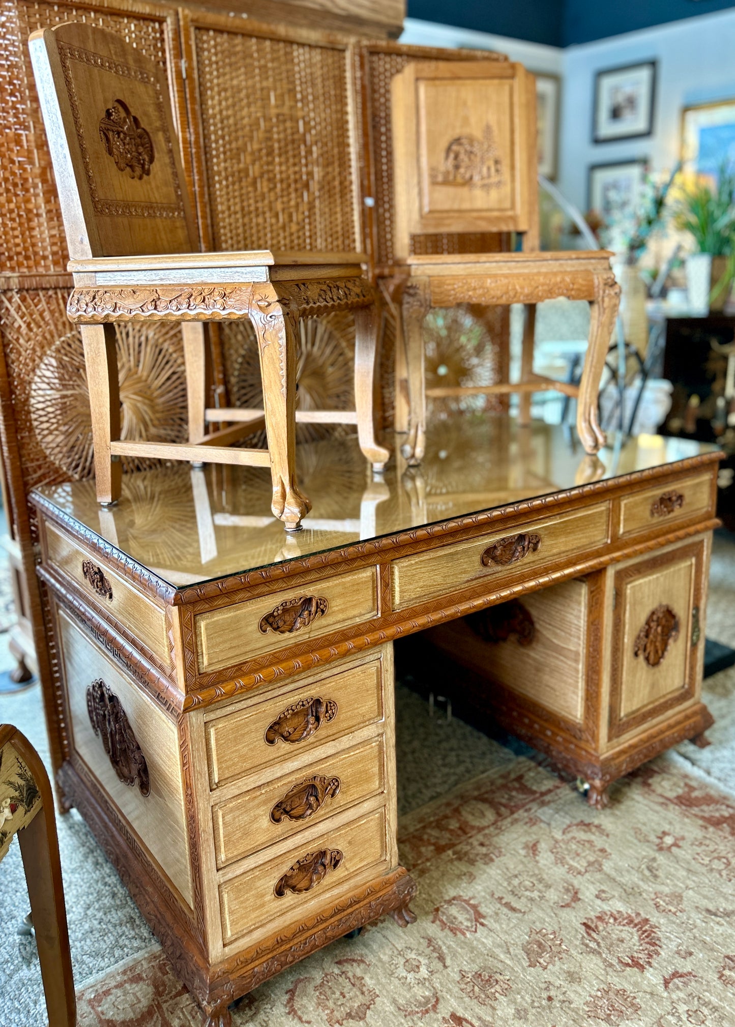 Ornately Carved, Glass-Topped Asian Desk with Two Chairs, Beautiful, Intricately Carved Motifs