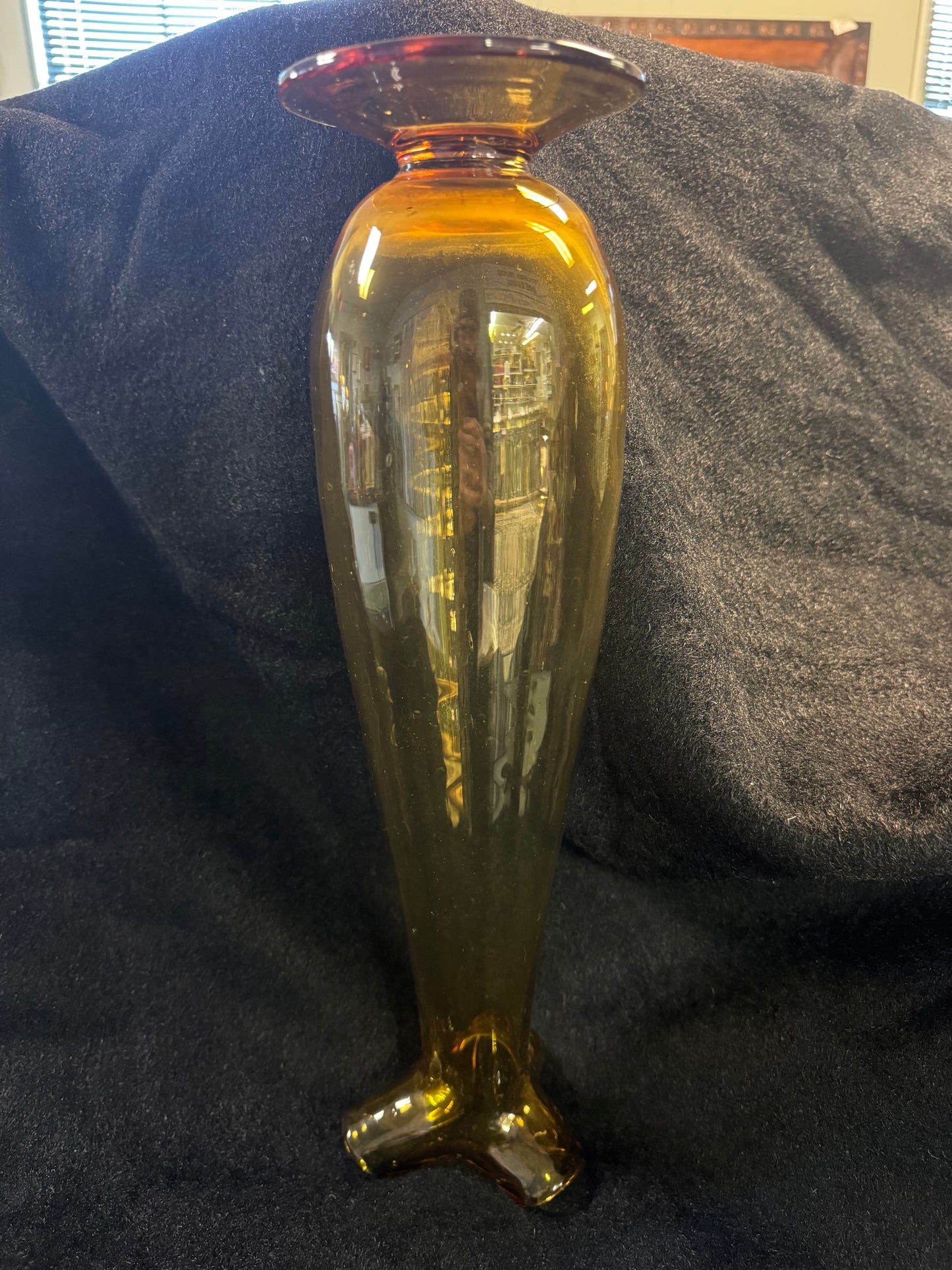 Tall Hand Blown Scallop Edged Amber Glass Vase