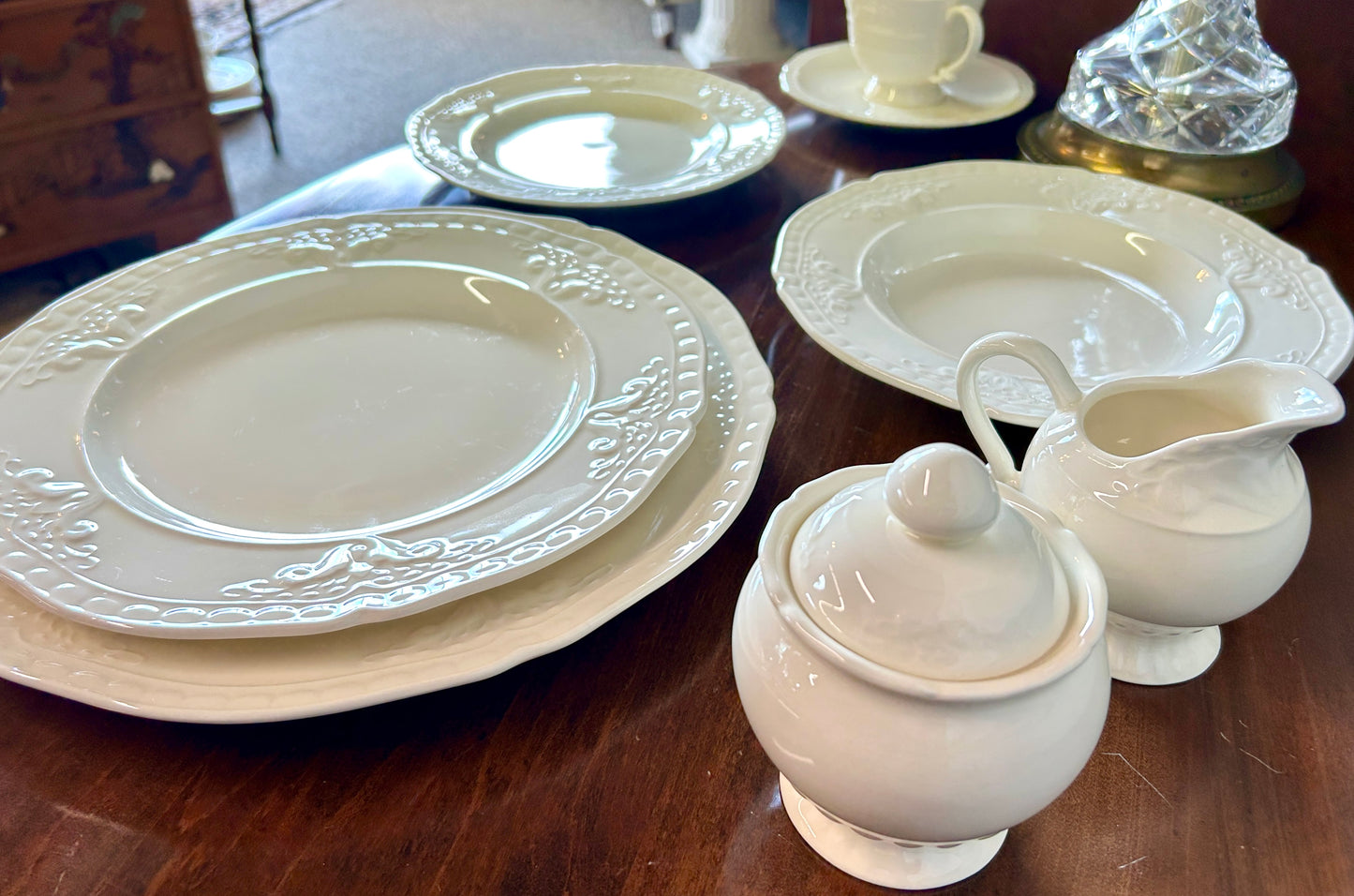 151-Piece Italian China Set, Divina By Wald Creamware; Dishes, Bowls, Teapot, more, with Beautiful Embossed Rim