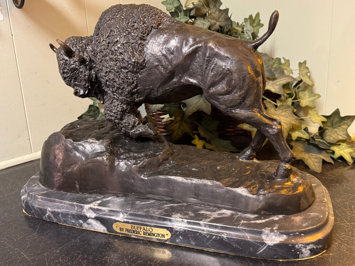 Bronze Sculpture With Marble Base Titled "Buffalo" By Frederic Remington