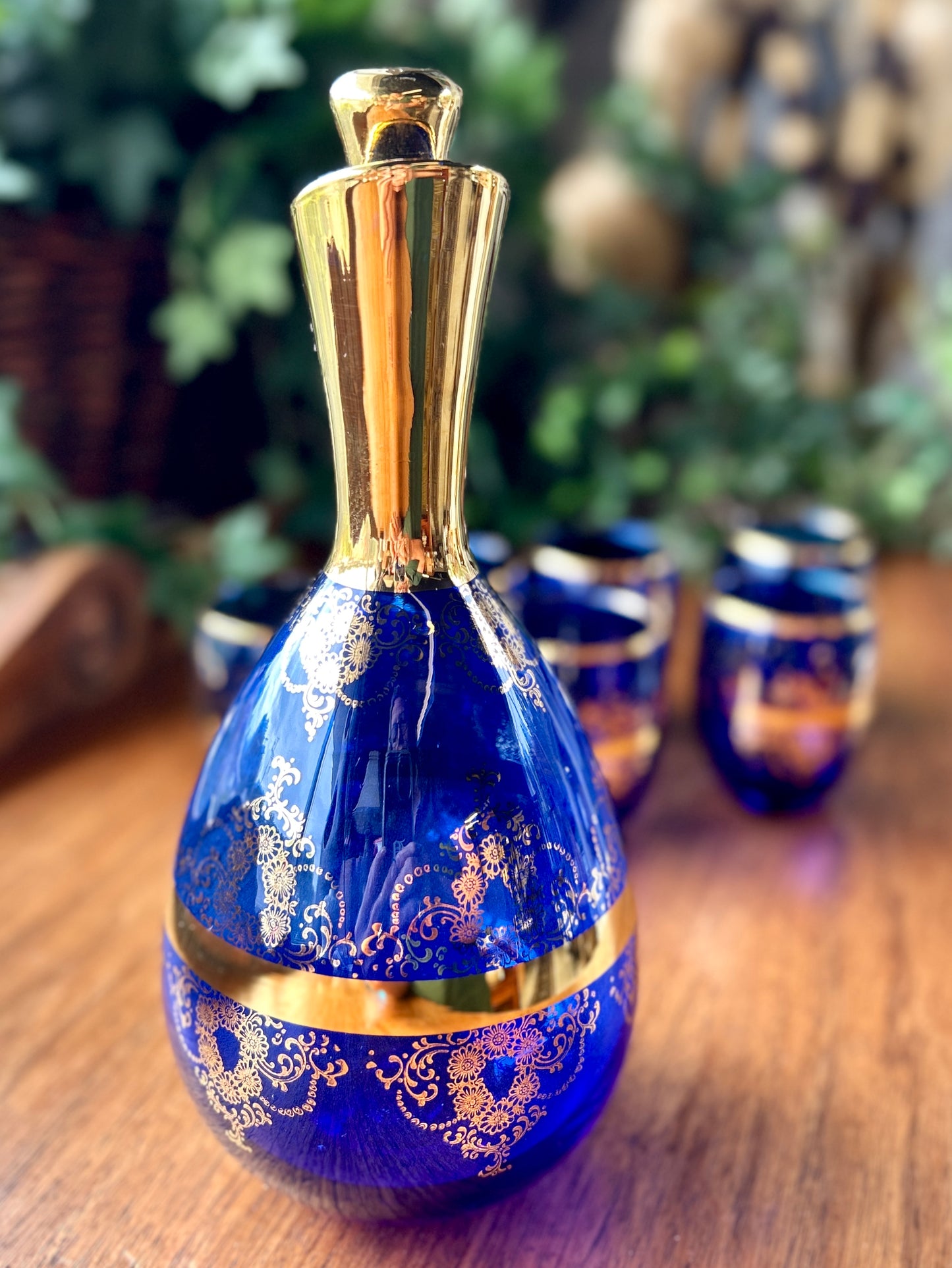 Stunning Murano Glass, Italian Cobalt Blue & Gold Wine Decanter 7 Pc Set, Venezia