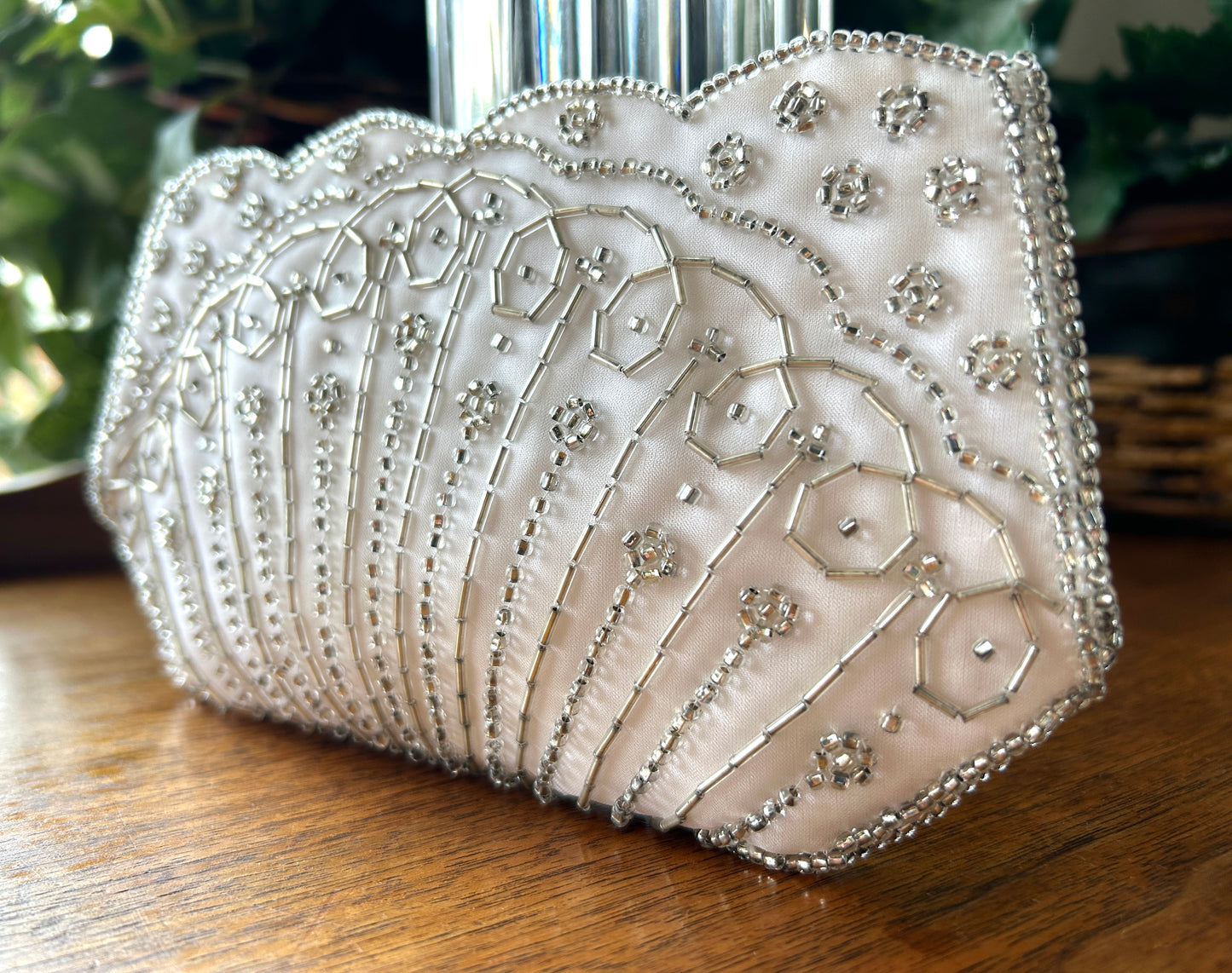 Vintage Beaded Clutch, 1950s La Regale White Satin Purse w Silver Beading, 8"Long