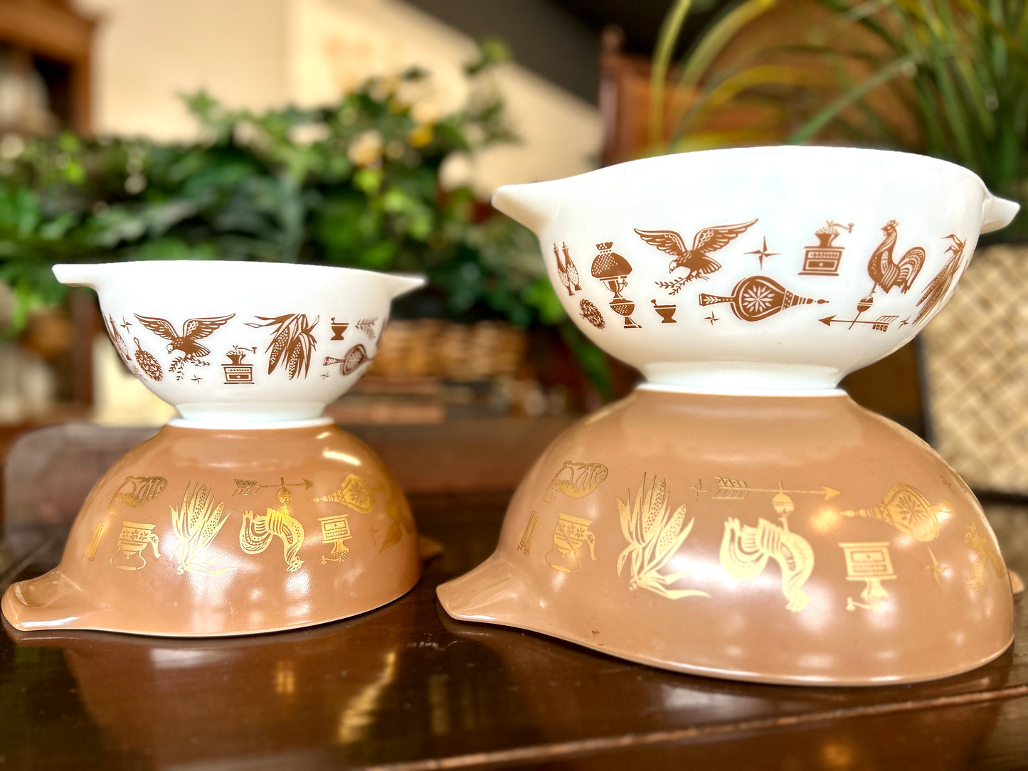 Vintage 1960's Four Piece Pyrex Americana Mixing Bowl Set, Brown & White