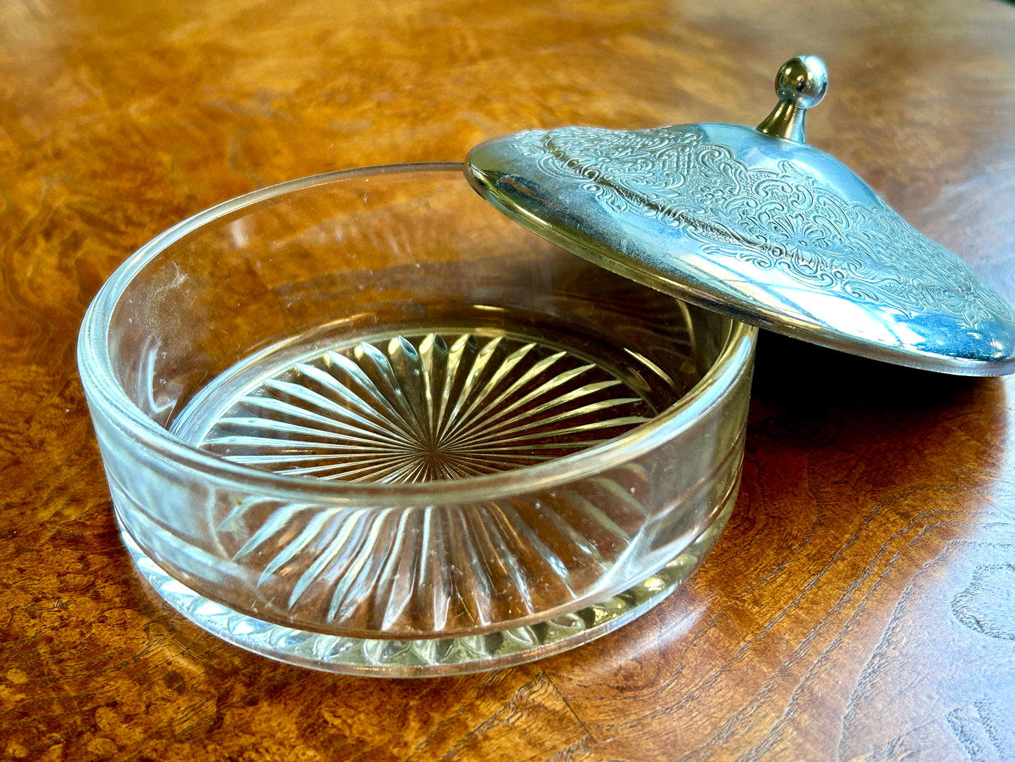 Vintage Clear Glass Candy Dish/Bowl With Silver Tone Metal Lid