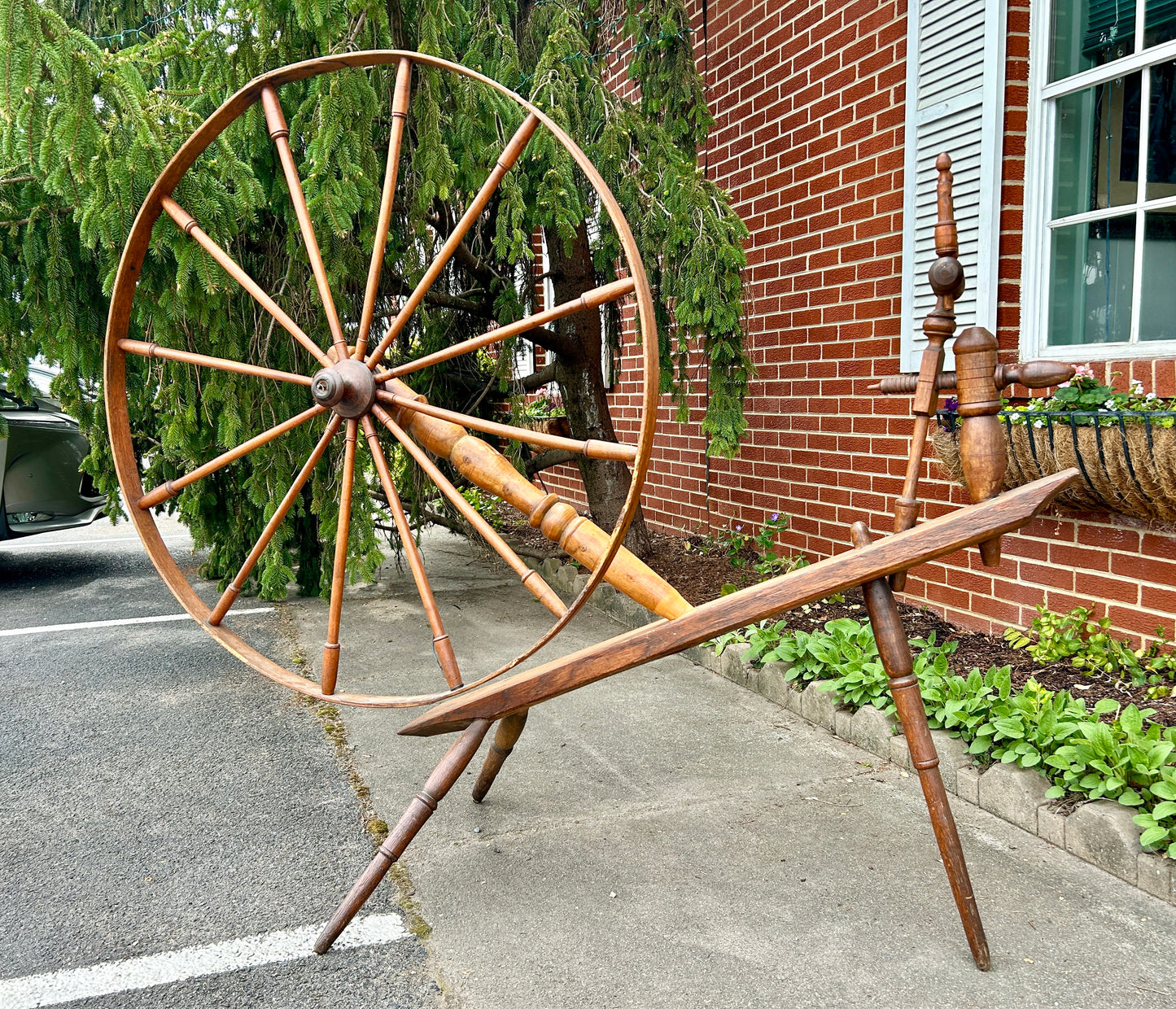 Antique Spinning Wheel, Solid Wood with Turned Detail, 65" Wide