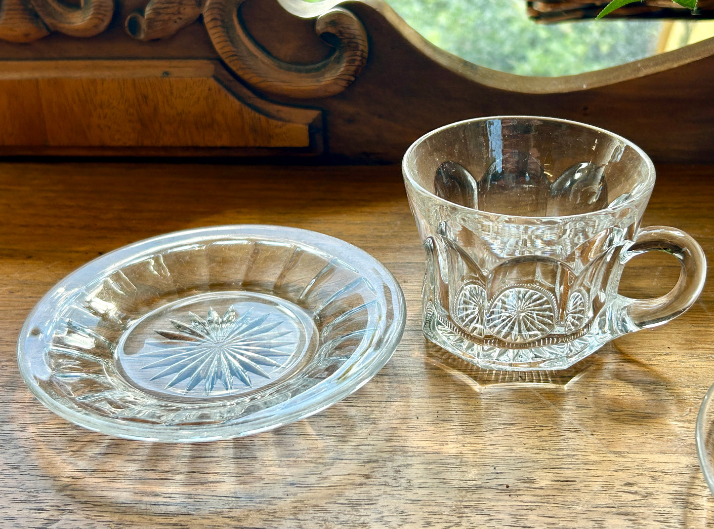 Set Of Four Beautiful Heisey Glass Cups And Saucers, with Diamond H logo, Star Cut