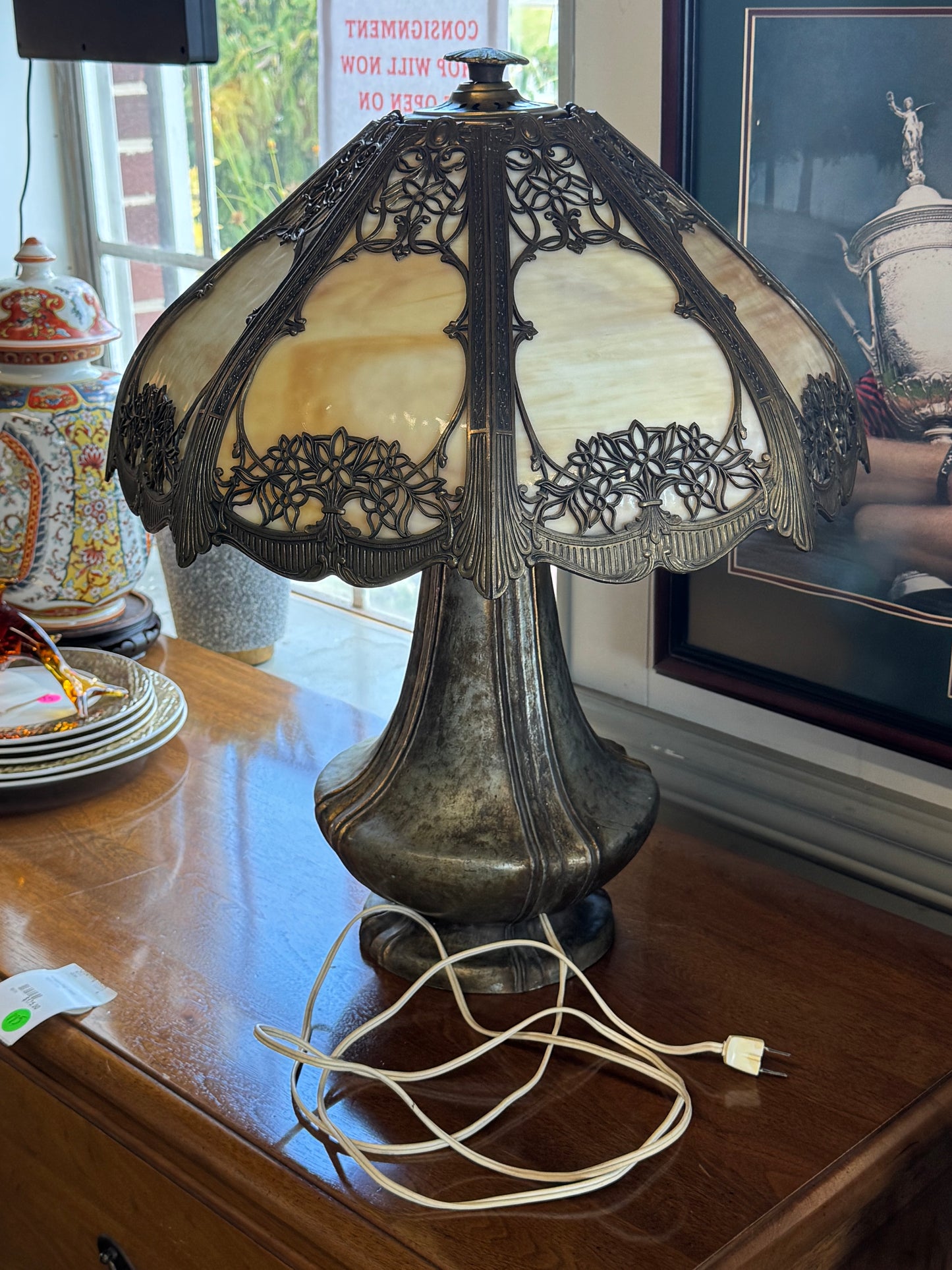Antique Slag Glass Table Lamp