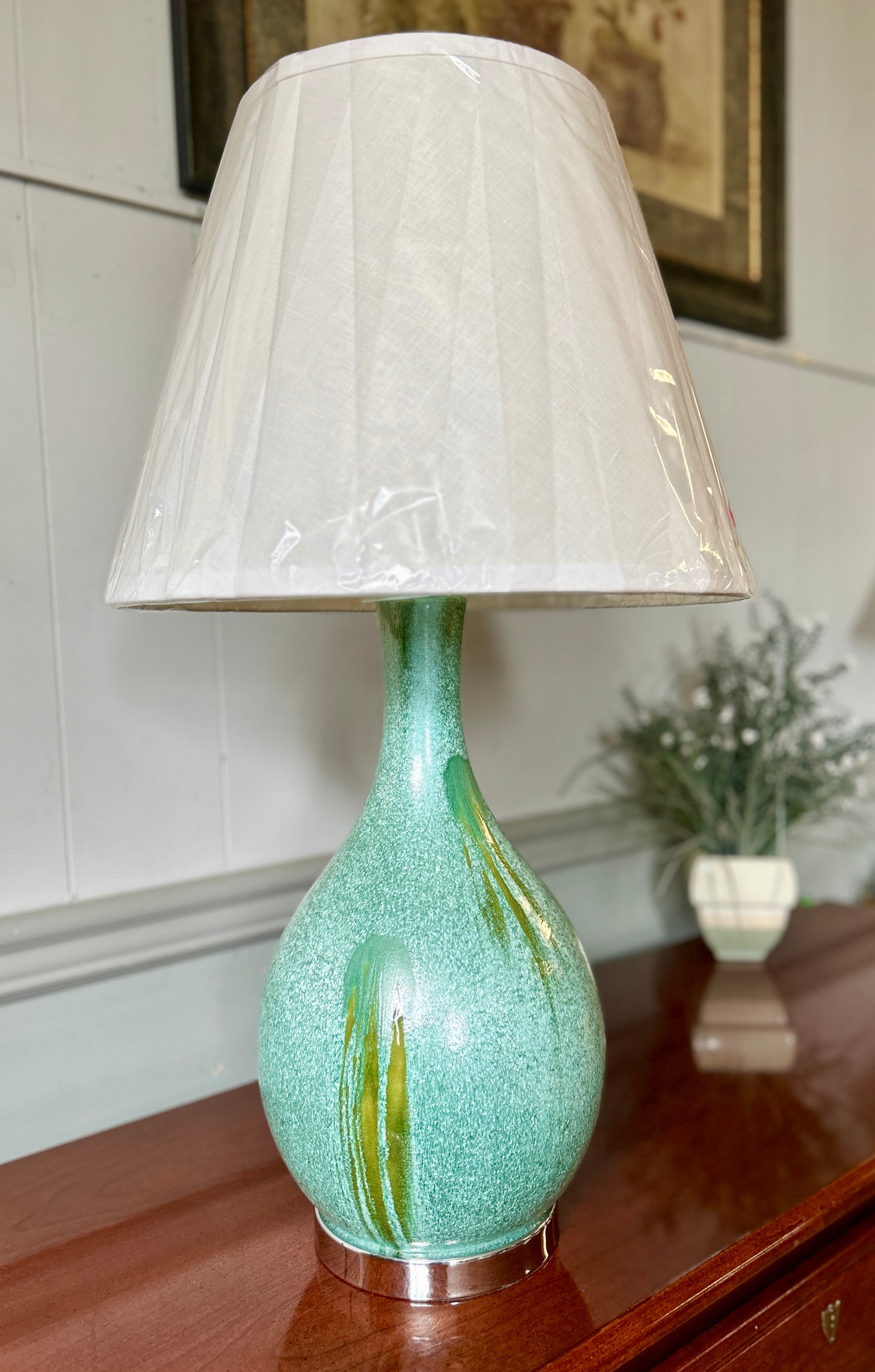 Turquoise, Hand-Glazed Pottery Style Lamp, 30" Tall