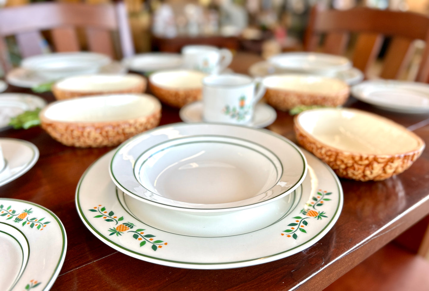 1960s Vintage Pineapple Place Setting For 4, by International Ceramics, 20 Pieces, Plus 4 Accent Bowls and Brass Trivets