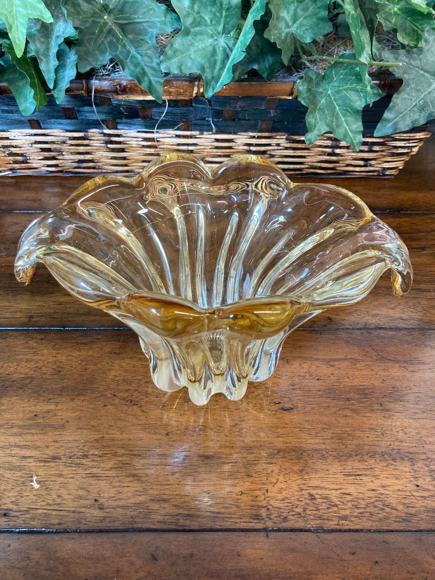 Hand Blown Amber Glass Bowl With Wing Tips