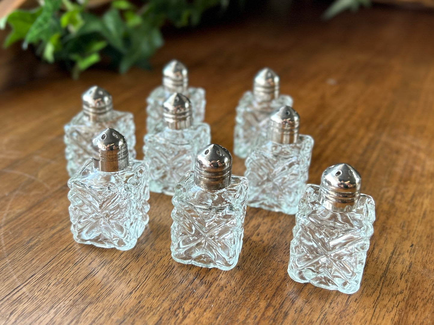 Pretty Set of 8 Mini Salt & Pepper Shakers, Vintage 1930s EAPG Star Glass Works, Indiana, USA