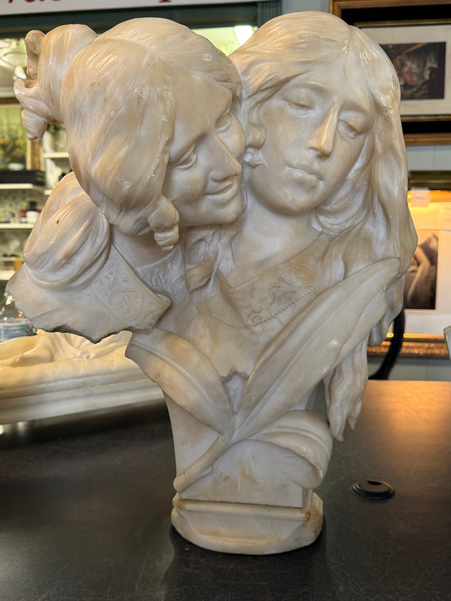 Exquisite Hand-Carved Marble Bust of Mother and Child Embracing