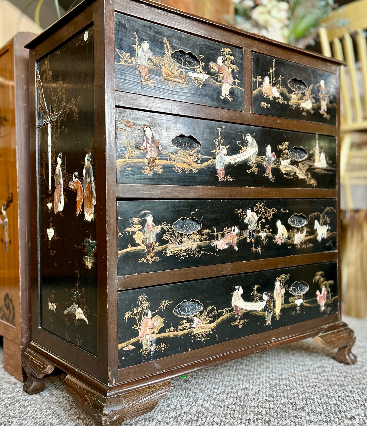 Antique, Oriental Chest Of Drawers, Hand Painted Asian Landscapes w Carved Pulls, 40" Tall Dresser