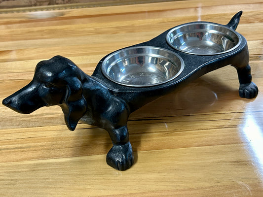 Adorable Cast Iron Dachshund Dog Food & Water Bowl Holder
